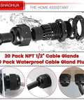 Half Inch NPT Cable Gland Set IP68 Waterproof Adjustable Strain Relief Cord Connector disassembled view and installed examples