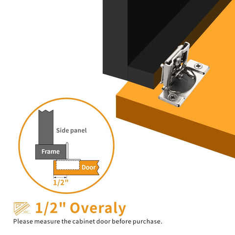 Diagram showing the 1/2 inch overlay installation of a cabinet hinge from the 50 Pack Half Inch Overlay Concealed Cabinet Hinges With 3D Soft Close.