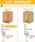 Diagram illustrating 1/2" overlay installation for frameless and face-frame cabinets using 2 Pack Soft Close Cabinet Door Hinges for 1/2" Partial Overlay Cupboard, 100 Degree Opening Angel, Stainless Concealed Kitchen Cabinet Hinges with Mounting Screws and Manual.