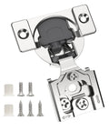 50 Pack Half Inch Overlay Concealed Cabinet Hinges With 3D Soft Close, stainless steel hinge with screws and dowels displayed