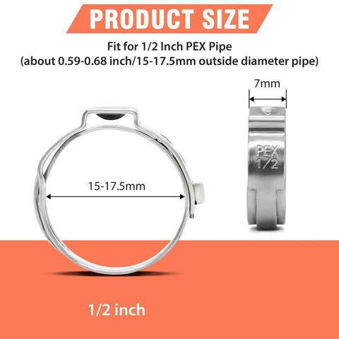 120 Pcs Half Inch PEX Cinch Clamps Rings 304 Stainless Steel Single Ear Hose Clamps size chart front and side view