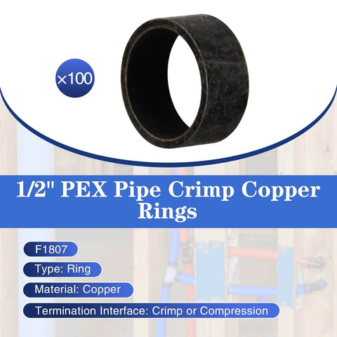 Image of a 1/2 inch PEX pipe crimp copper ring with product details displayed, including type, material, and interface.