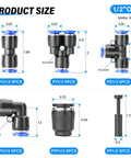 Diagram showing the 1/2 Inch OD Push To Connect Pneumatic Fittings Kit 30 Piece Set With 5 Splitters, 5 Elbows, 5 Tees, 5 Straights, 5 PPFs And 5 PP Adapters For Air Lines.