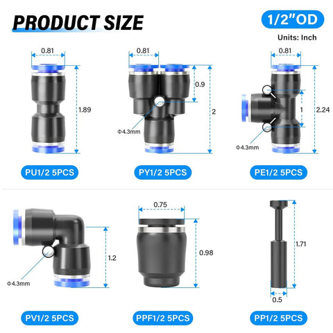 Diagram showing the 1/2 Inch OD Push To Connect Pneumatic Fittings Kit 30 Piece Set With 5 Splitters, 5 Elbows, 5 Tees, 5 Straights, 5 PPFs And 5 PP Adapters For Air Lines.