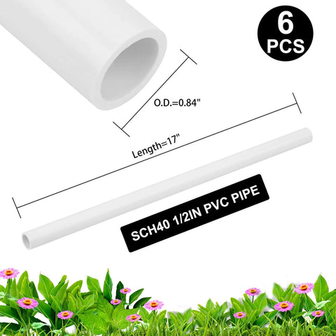 Six Piece Set Of Half Inch Schedule 40 PVC Pipe 17 Inch Length White For Indoor Outdoor DIY Projects with measurements shown