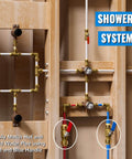 Installed Half Inch Shut Off Ball Valve Pack Of 2 with red and blue handles for shower system, shown with lead-free brass fittings for PEX.