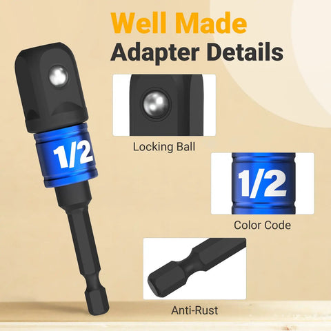 Impact Socket Adapter Set For Drill And Ratchet Kit With One Quarter Inch, Three Eighths Inch, One Half Inch Drives, Extension Bits