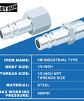Half Inch IM Industrial Air Hose Fittings Kit with Two Industrial Type Couplers and One Half Inch Female NPT Plug Plus Two Half Inch Male NPT Plugs and Five Steel Quick Connect Fittings for Air Compressors Up to 300 PSI