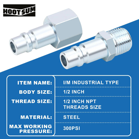 Half Inch IM Industrial Air Hose Fittings Kit with Two Industrial Type Couplers and One Half Inch Female NPT Plug Plus Two Half Inch Male NPT Plugs and Five Steel Quick Connect Fittings for Air Compressors Up to 300 PSI