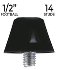 Half Inch Steel Tip Black Football Studs 14 Pack With Wrench For All Conditions, side view of single stud
