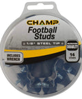 Half Inch Steel Tip Black Football Studs 14 Pack With Wrench packaging
