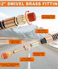 1/2" swivel brass fitting with rubber grip, 3/8" ID SEA J1402 air line, and copper clamping tube displayed on a road background.