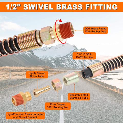 1/2" swivel brass fitting with rubber grip, 3/8" ID SEA J1402 air line, and copper clamping tube displayed on a road background.