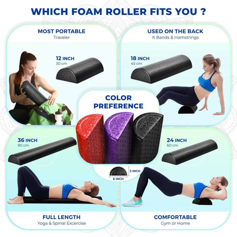 Image showcasing High Density EPP Half Round Back Roller Foam in different sizes for exercise, yoga, Pilates, and stretching.
