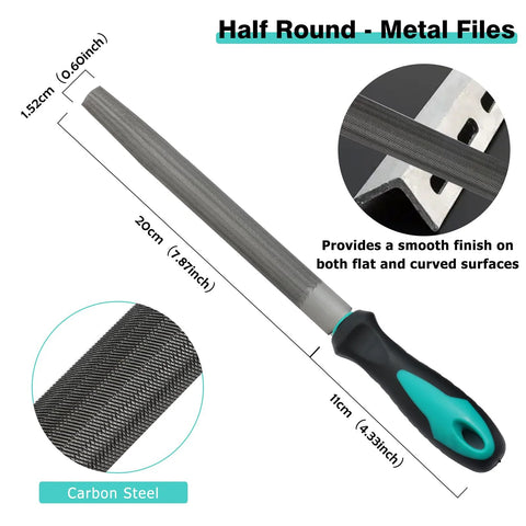 Half round metal file with ergonomic handle from 4 Piece Metal File Set With 8 Inch Hand Files And Handles Plus 12 Sheets Sandpaper For Metalworking