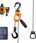 Manual Lever Chain Hoist Half Ton 1100 Lbs Come Along with G80 Chain and Swivel Hook, showing hoist, chain, and carry pouch.