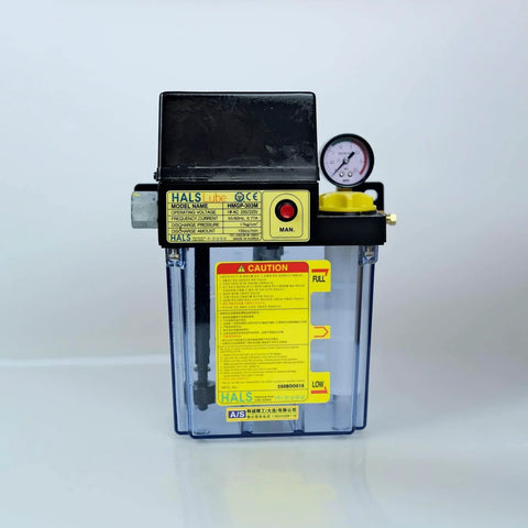 Front view of HALS Lube HMGP 303M Lubrication Oil Pump With External Control Fixed Quantity Oil Supply and Pressure Gauge.