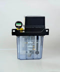 Front view of HALS Lube HMGP 303M Lubrication Oil Pump with 2 L tank and pressure gauge.
