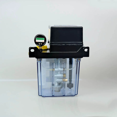 Front view of HALS Lube HMGP 303M Lubrication Oil Pump with 2 L tank and pressure gauge.