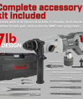 800W SDS Plus Rotary Hammer Drill With Demolition Chisels And Drill Bits Set In Case Corded Variable Speed 600 RPM 15J Impact Energy For Concrete Brick And Masonry Diy Projects And Light Construction Tasks with accessories.