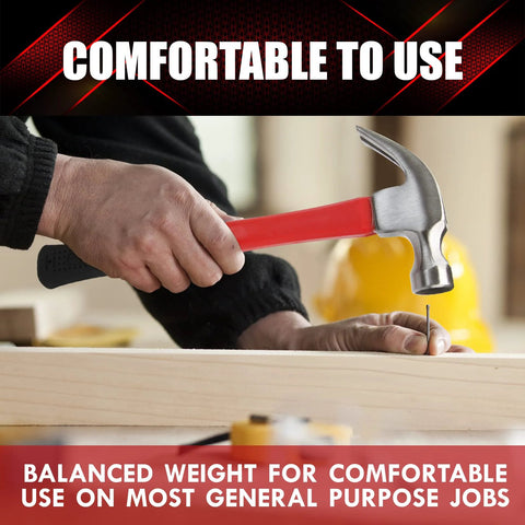 Durable 16 oz claw hammer with a fiberglass handle delivers precise strikes, vibration-damping comfort for woodworking