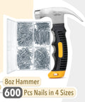 Bulk picture hanging kit with 600 galvanized nails in four sizes plus an 8 ounce hammer, displayed with box of nails and hammer.