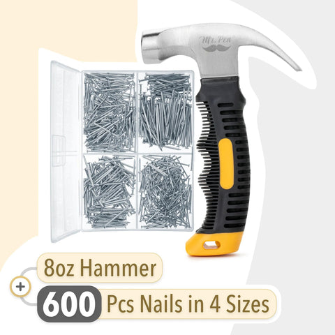 Bulk picture hanging kit with 600 galvanized nails in four sizes plus an 8 ounce hammer, displayed with box of nails and hammer.