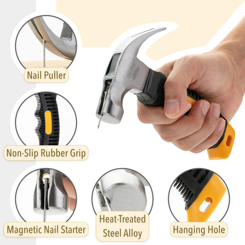 Hand holding 8 ounce hammer with nail puller, non-slip grip, magnetic nail starter, heat-treated alloy, and hanging hole