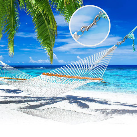 Hammock by the beach with inset of 12 Pack Double Ended Bolt Snap Hooks Zinc Alloy Double Trigger Clips for pet sling attachment.