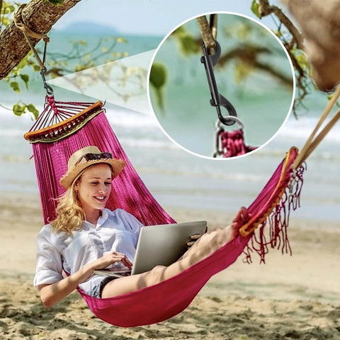 Woman in a hammock using Extra Large 4.7 Inch Double Ended Bolt Snap Hooks With 220 Lb Load Capacity Made From Zinc Alloy Heavy Duty Clips