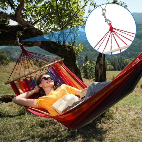 Person reclining in a hammock attached to a tree using 4 Pack Double Ended Snaps 3.5 Inch Zinc Alloy Trigger Metal Clips Silver Double Ended Snap Hooks For Dog Leash Water Buckets Key Holder Carabiner And More For Home Farm Outdoor Use, with a close-up inset of the snap hook.