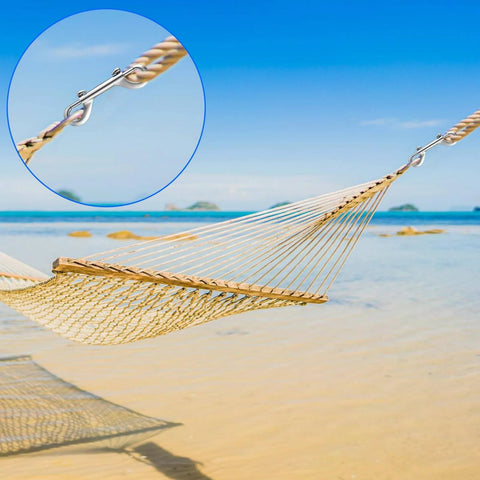 Hammock secured on beach with 15 Pack Double Ended Bolt Snap Hooks Four Point Seven Inch Heavy Duty Zinc Alloy Clips With 220 Pound Load Capacity
