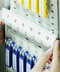 Space Saving 24 Key Wall Mount Rack In Gray Plastic with numbered rails and assorted key clip tags for organization
