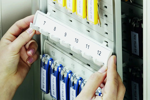 Space Saving 24 Key Wall Mount Rack In Gray Plastic with numbered rails and assorted key clip tags for organization