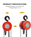 Hand Chain Hoist 1 Ton 2000 Lb Capacity 10 Ft Lift With 2 Heavy Duty Hooks, product dimensions and specifications shown.