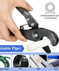 Hand using pipe cutter from Three Eighths To One Inch Pex Cinch Clamp Tool Kit Includes Cinch Tool Pipe Cutter Seventy Half Inch Clamps Ten Three Quarter Inch Clamps Thirty Piece One Half Inch PPSU Pex Fittings Ten Elbows Ten Tees Ten Couplings For Quick Plumbing, showing various suitable pipe types and cutting capacity