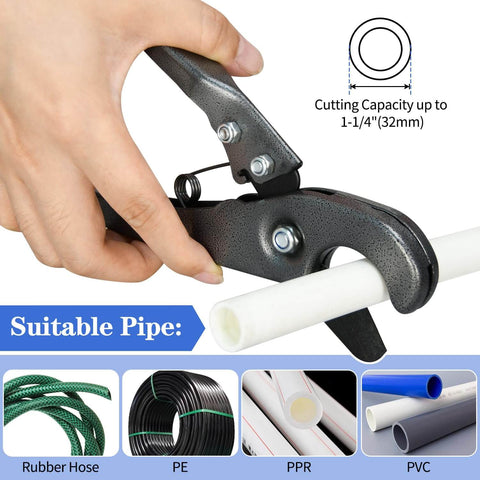 Hand using pipe cutter from Three Eighths To One Inch Pex Cinch Clamp Tool Kit Includes Cinch Tool Pipe Cutter Seventy Half Inch Clamps Ten Three Quarter Inch Clamps Thirty Piece One Half Inch PPSU Pex Fittings Ten Elbows Ten Tees Ten Couplings For Quick Plumbing, showing various suitable pipe types and cutting capacity