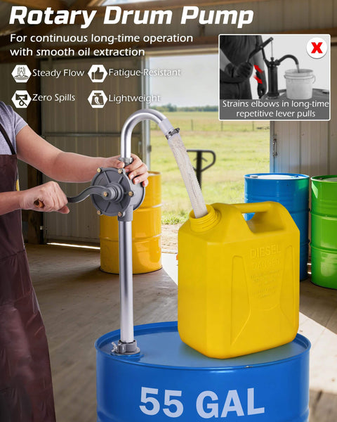All Aluminum Hand Crank Drum Pump For 55 Gallon Barrels, Heavy Duty Leak Free Barrel Siphon For Diesel Kerosene Hydraulic Fluid in use