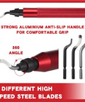 All In One Hand Deburring Tool Kit With Two Countersink Reamers And One Deburring Tool Plus Fifteen Replacement High Speed Steel Swivel Blades For Metal Resin Aluminum Copper Plastic 3D Printing And Wood For DIYers, featuring red anti-slip handle and three steel blades.
