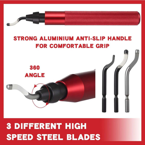All In One Hand Deburring Tool Kit With Two Countersink Reamers And One Deburring Tool Plus Fifteen Replacement High Speed Steel Swivel Blades For Metal Resin Aluminum Copper Plastic 3D Printing And Wood For DIYers, featuring red anti-slip handle and three steel blades.