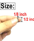 Close-up of hand holding dowel pin, showing 1/8 inch by 1/2 inch size for Thirty Piece Go To Dowel Pins Set For Wood Shelves And Bunk Beds One Eighth Inch By One Half Inch Alloy Steel Ground To Precision Tolerances 0.0001 To 0.0005 Inch Ideal Shelf Pins And Support Pins For DIY Projects For Home And Workshop Use.