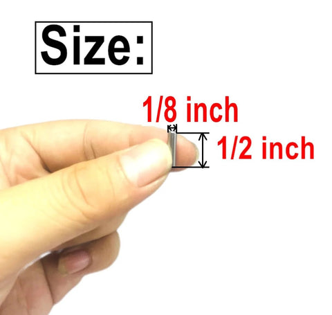 Close-up of hand holding dowel pin, showing 1/8 inch by 1/2 inch size for Thirty Piece Go To Dowel Pins Set For Wood Shelves And Bunk Beds One Eighth Inch By One Half Inch Alloy Steel Ground To Precision Tolerances 0.0001 To 0.0005 Inch Ideal Shelf Pins And Support Pins For DIY Projects For Home And Workshop Use.