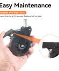 Hand holding 3-inch rubber swivel caster wheel with brake, close-up view, for grill replacement, ideal for outdoor use.