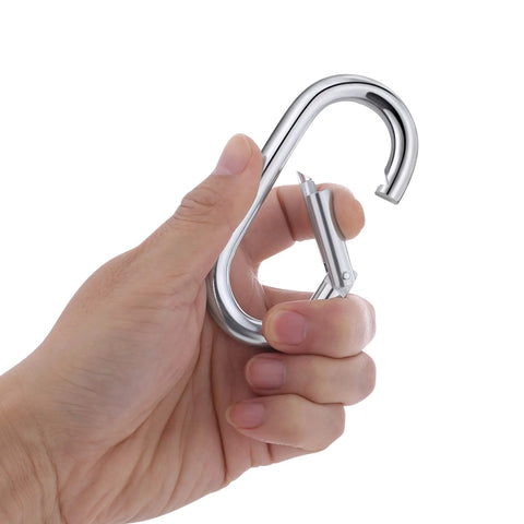 Hand holding a 4 Inch Carabiner Clip Heavy Duty Spring Snap Hook Oval Shape, zinc-galvanized steel, suitable for boating and camping use