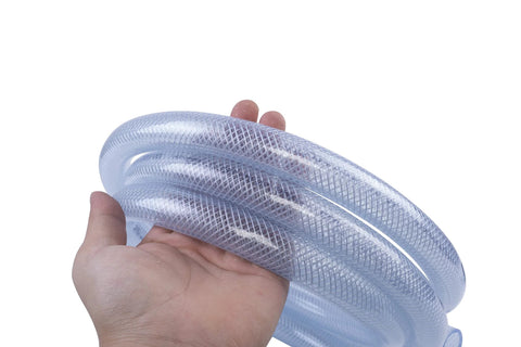 Hand holding High Pressure Braided Clear Flexible PVC Tubing Three Quarter Inch Internal Diameter Ten Feet Long With 200 PSI Working Pressure