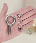 Hand holding 4 Pack M10 Stainless Steel Eye Bolts With Nuts And Washers Set, 35mm Thread Length, DIY projects, furniture use
