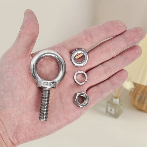Hand holding 4 Pack M10 Stainless Steel Eye Bolts With Nuts And Washers Set, 35mm Thread Length, DIY projects, furniture use