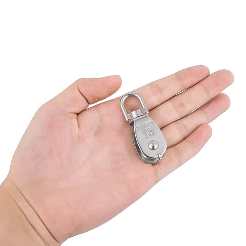 Hand holding ✝️ ,2Pcs 304 Stainless Steel M15 Silver Single Pulley Block Wire Rope Hanging Wire Towing Wheel for lifting systems