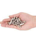 Hand holding various metal pieces from 100 Piece M6x30mm Hexagon Nuts And Bolts Assortment Kit With Cap Nuts And Socket Covers For Machine Screws.