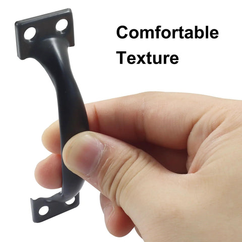 Hand holding 4 Pack 4 Inch Metal Door Handles Rustic Bow Pulls With Vintage Arched Design in Matte Black Iron Construction